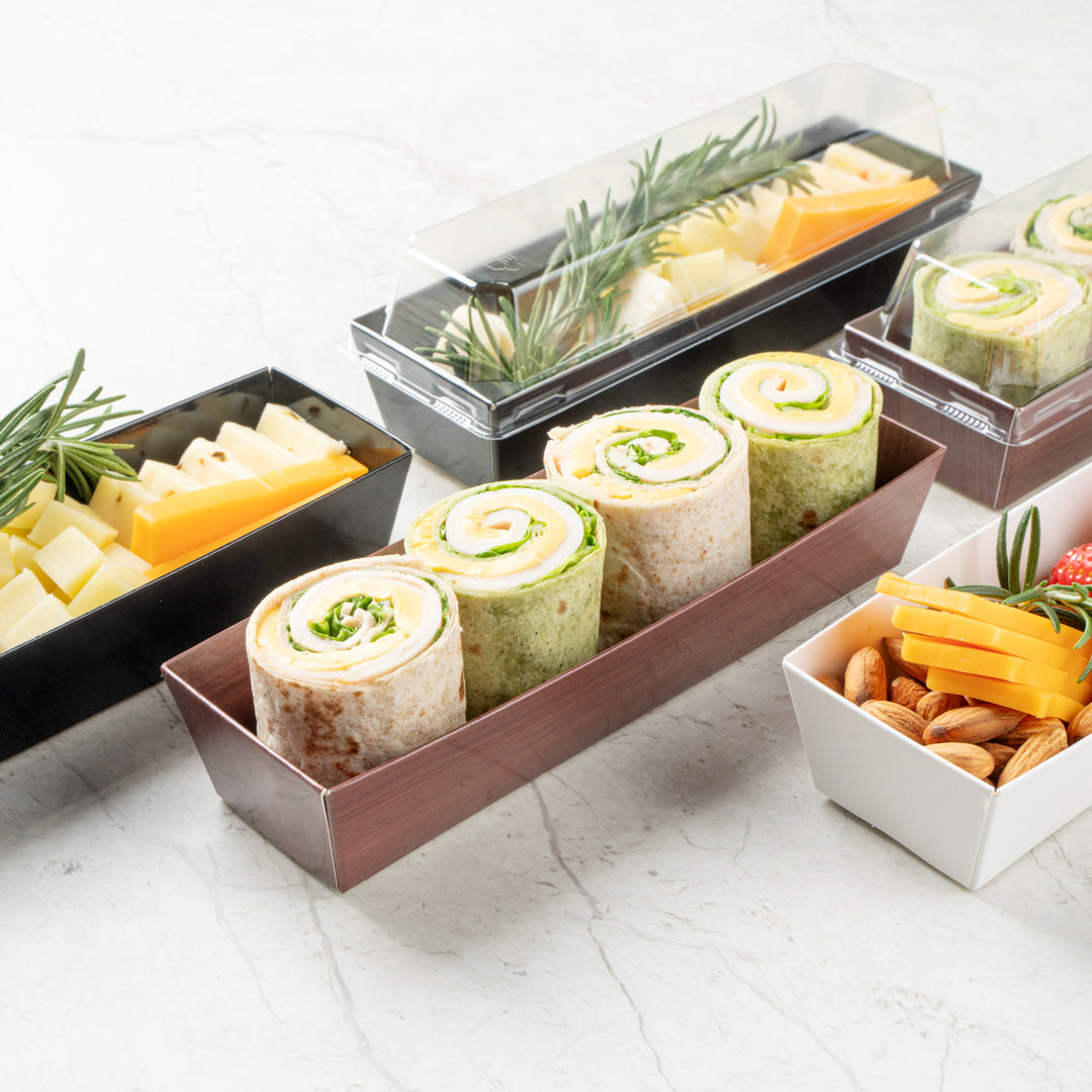 Matsuri Vision Wood Grain Paper Small Maki Sushi Container - 6 1/2" x 1 3/4" x 1 1/2" - 100 count box