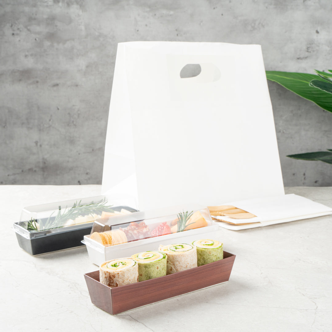 Matsuri Vision Wood Grain Paper Small Maki Sushi Container - 6 1/2" x 1 3/4" x 1 1/2" - 100 count box