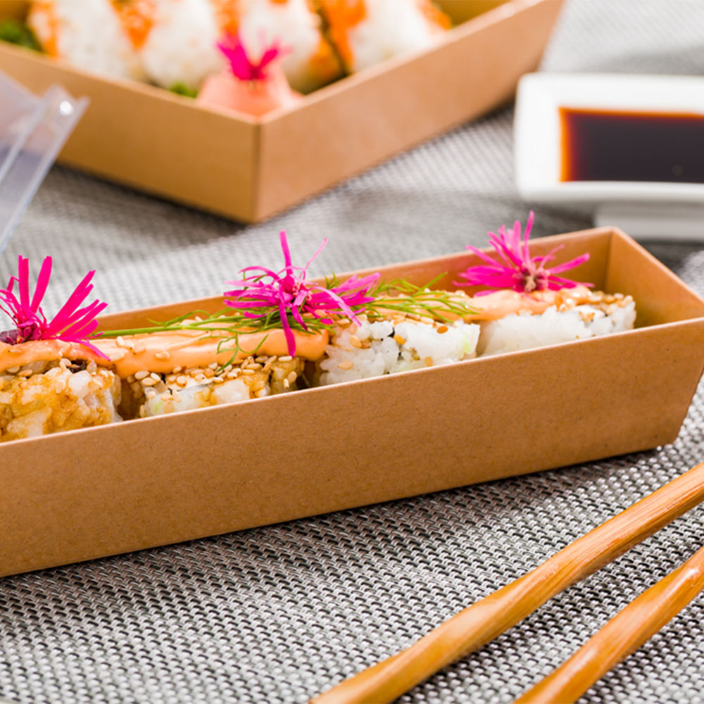 Matsuri Vision Kraft Paper Small Maki Sushi Container - 6 1/2" x 1 3/4" x 1 1/2" - 100 count box
