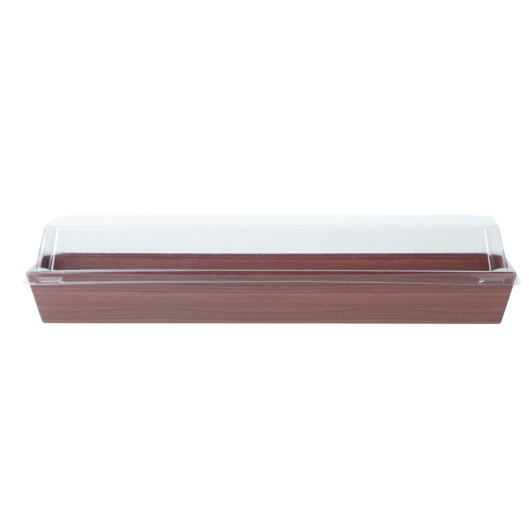 Matsuri Vision Wood Grain Paper Large Maki Sushi Container - 11 1/4" x 2" x 1 1/2" - 100 count box