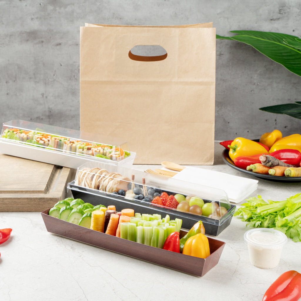 Matsuri Vision Wood Grain Paper Large Maki Sushi Container - 11 1/4" x 2" x 1 1/2" - 100 count box
