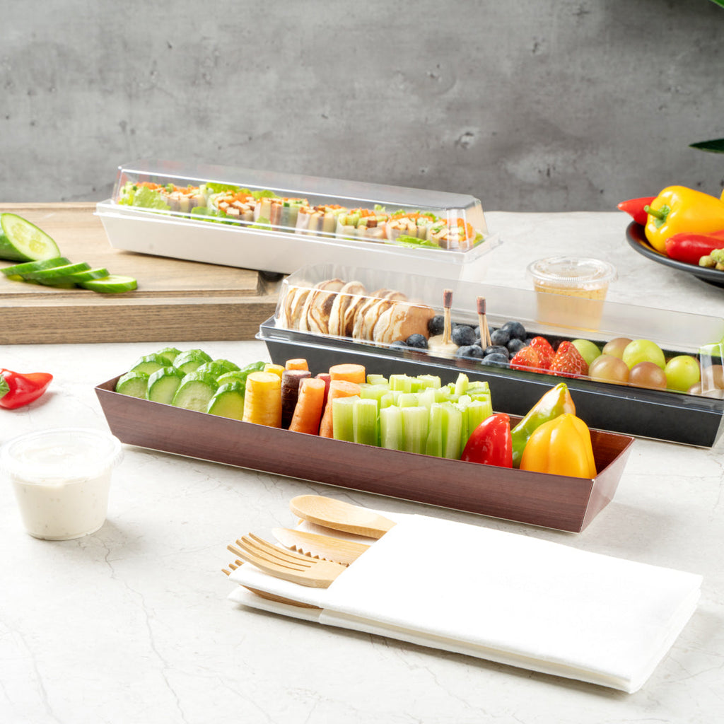 Matsuri Vision Wood Grain Paper Large Maki Sushi Container - 11 1/4" x 2" x 1 1/2" - 100 count box