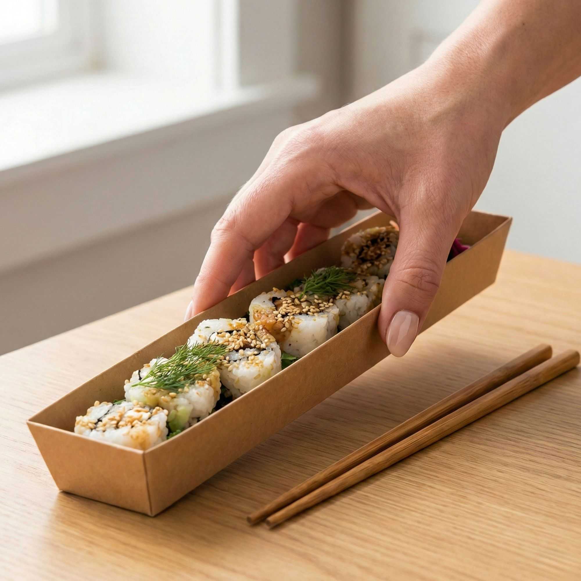 Matsuri Vision Kraft Paper Large Maki Sushi Container - 11 1/4" x 2" x 1 1/2" - 100 count box