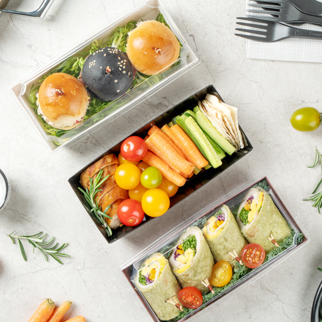 Matsuri Vision Rectangle Black Paper Large Sushi Container - 7" x 2 3/4" x 1 1/2" - 100 count box
