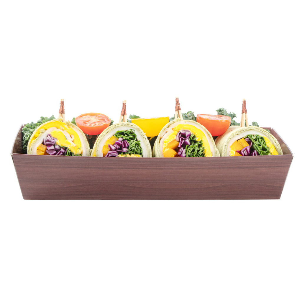 Matsuri Vision Rectangle Wood Grain Paper Large Sushi Container - 7" x 2 3/4" x 1 1/2" - 100 count box
