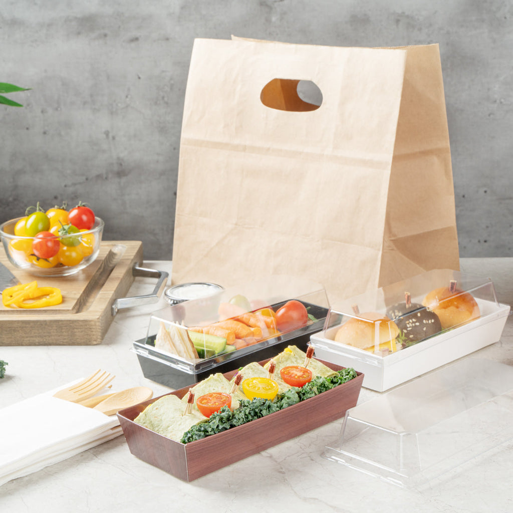 Matsuri Vision Rectangle Wood Grain Paper Large Sushi Container - 7" x 2 3/4" x 1 1/2" - 100 count box