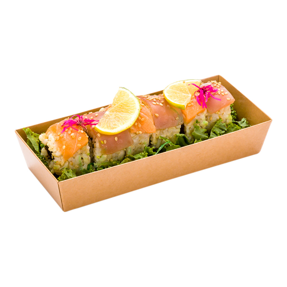 Matsuri Vision Rectangle Kraft Paper Large Sushi Container - 7" x 2 3/4" x 1 1/2" - 100 count box