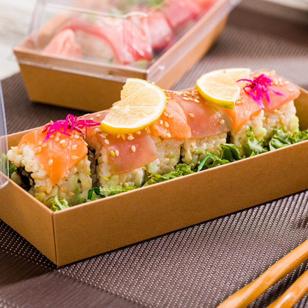Matsuri Vision Rectangle Kraft Paper Large Sushi Container - 7" x 2 3/4" x 1 1/2" - 100 count box