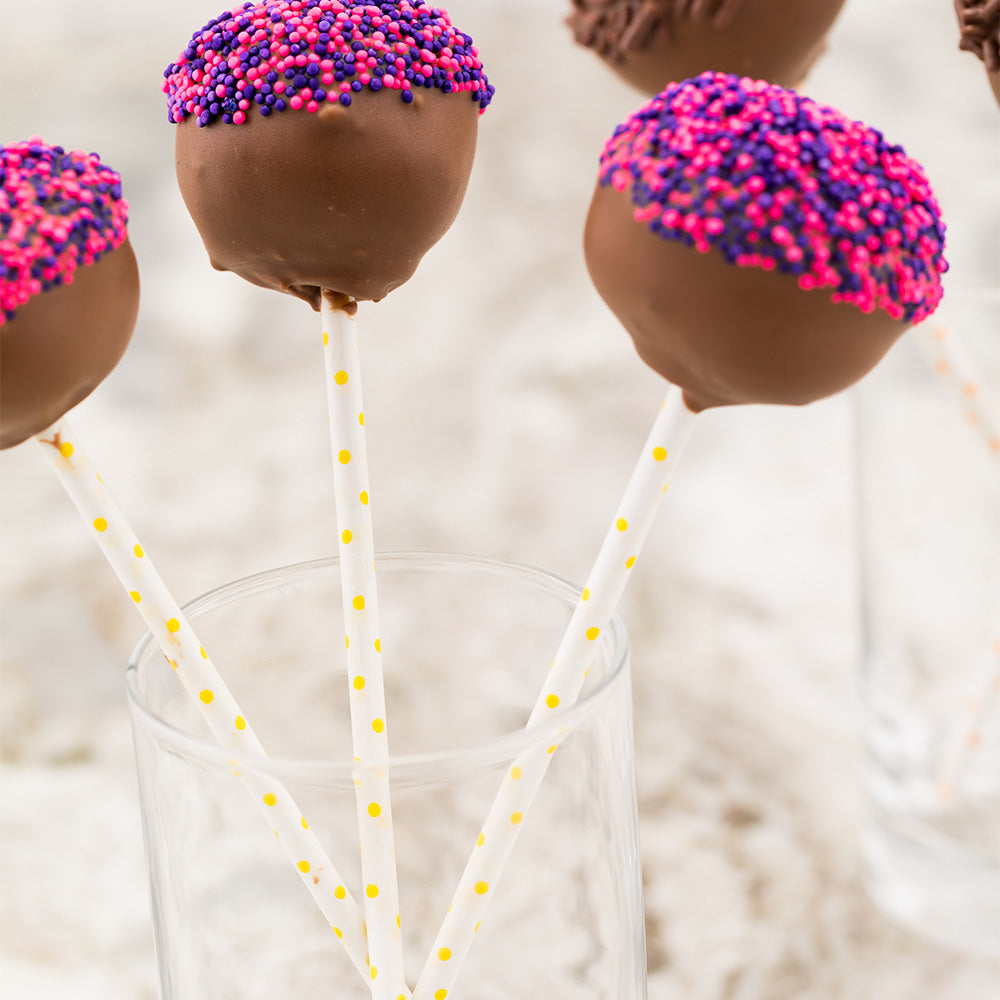 Pastry Tek Yellow Paper Cake Pop and Lollipop Stick - Polka Dots, Biodegradable - 6" x 5/32" - 100 count box