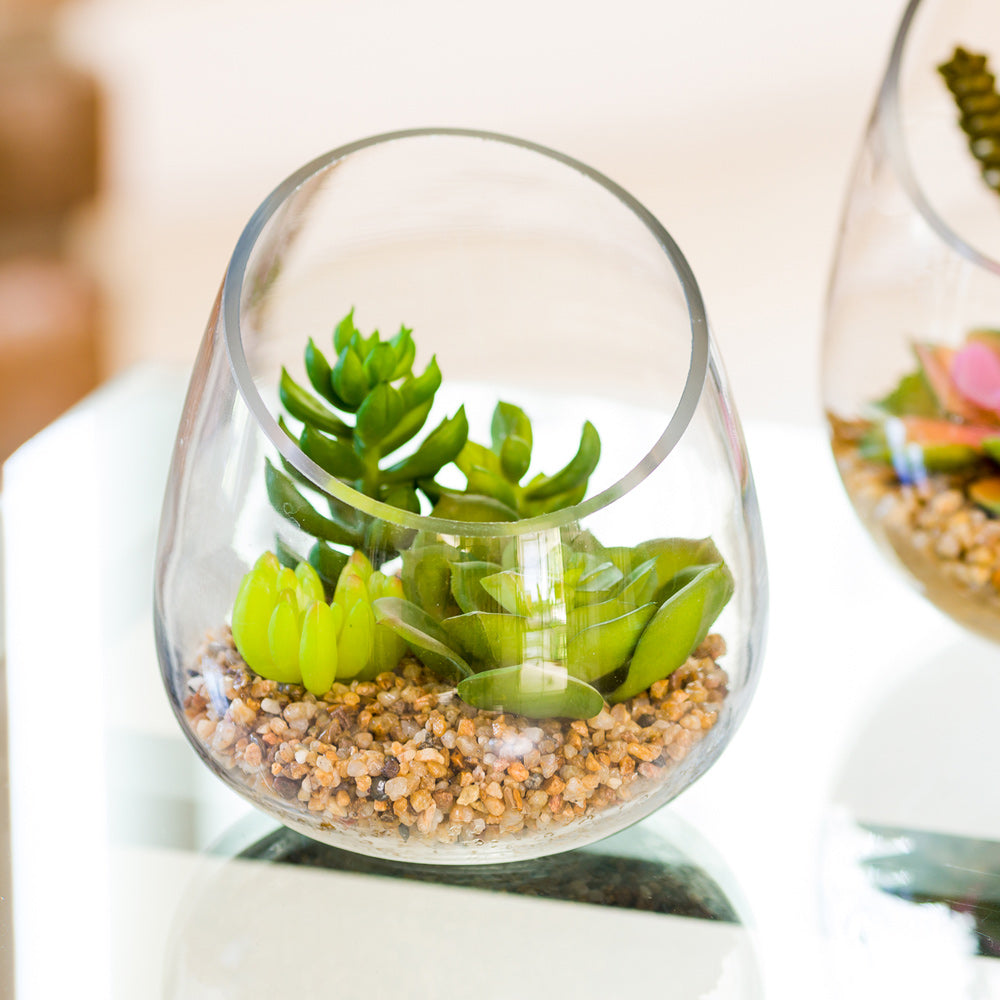 Plastic Table Art Faux Succulent Arrangement - Incline Edge Glass Terrarium - 4 3/4" x 4 3/4" x 5" - 1 count box