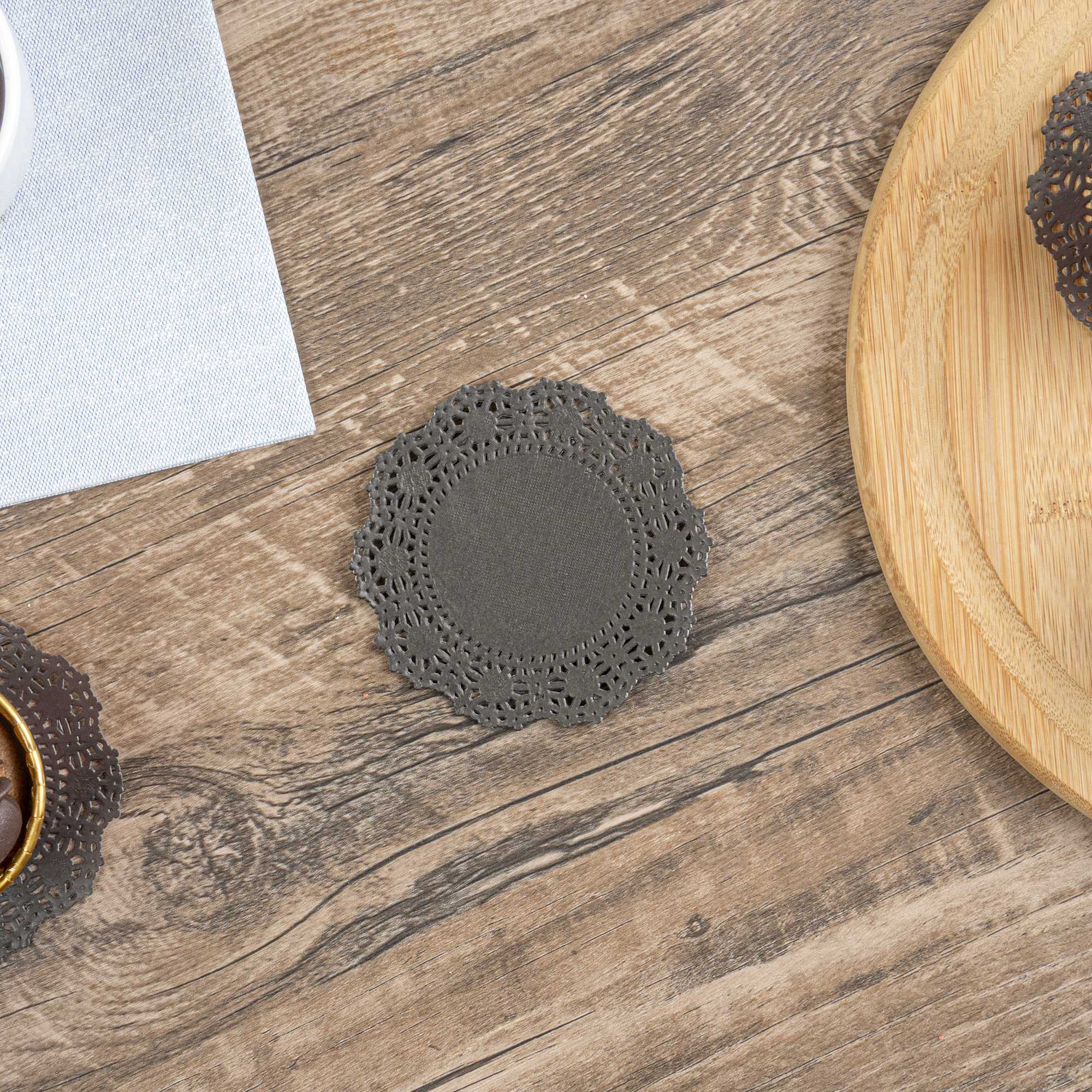 Pastry Tek Round Black Paper Doilies - Lace - 4" x 4" - 4000 count box