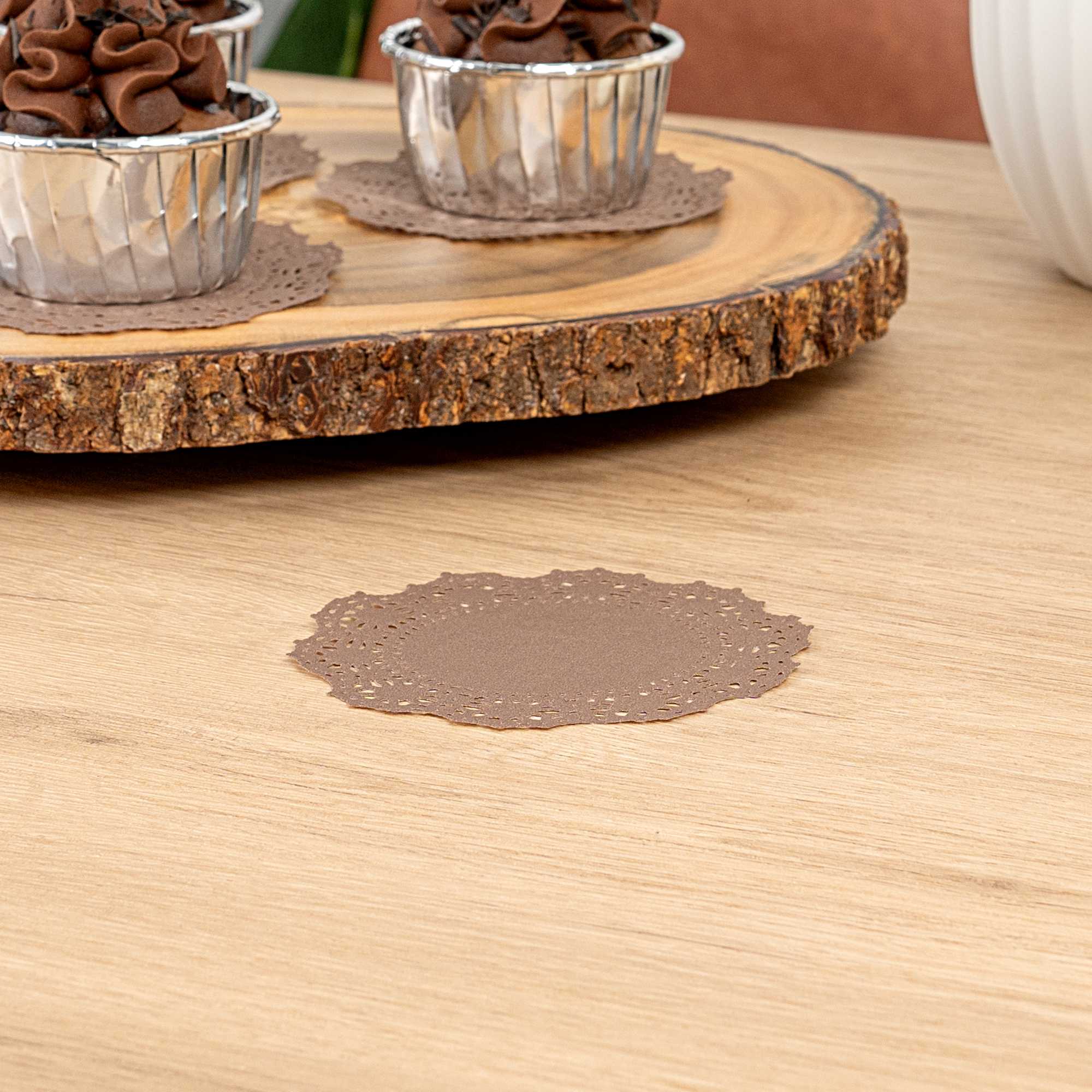 Pastry Tek Round Brown Paper Doilies - Lace - 4" x 4" - 4000 count box