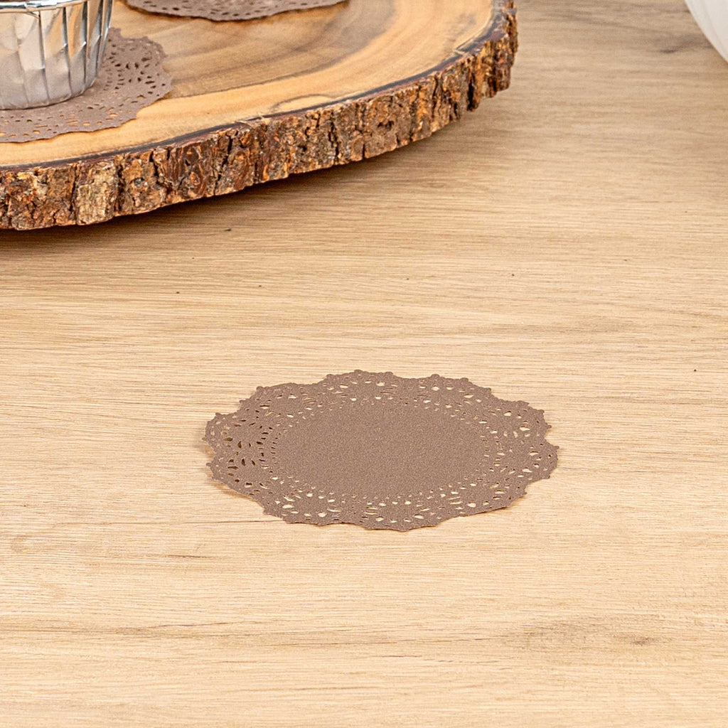 Pastry Tek Round Brown Paper Doilies - Lace - 4" x 4" - 4000 count box