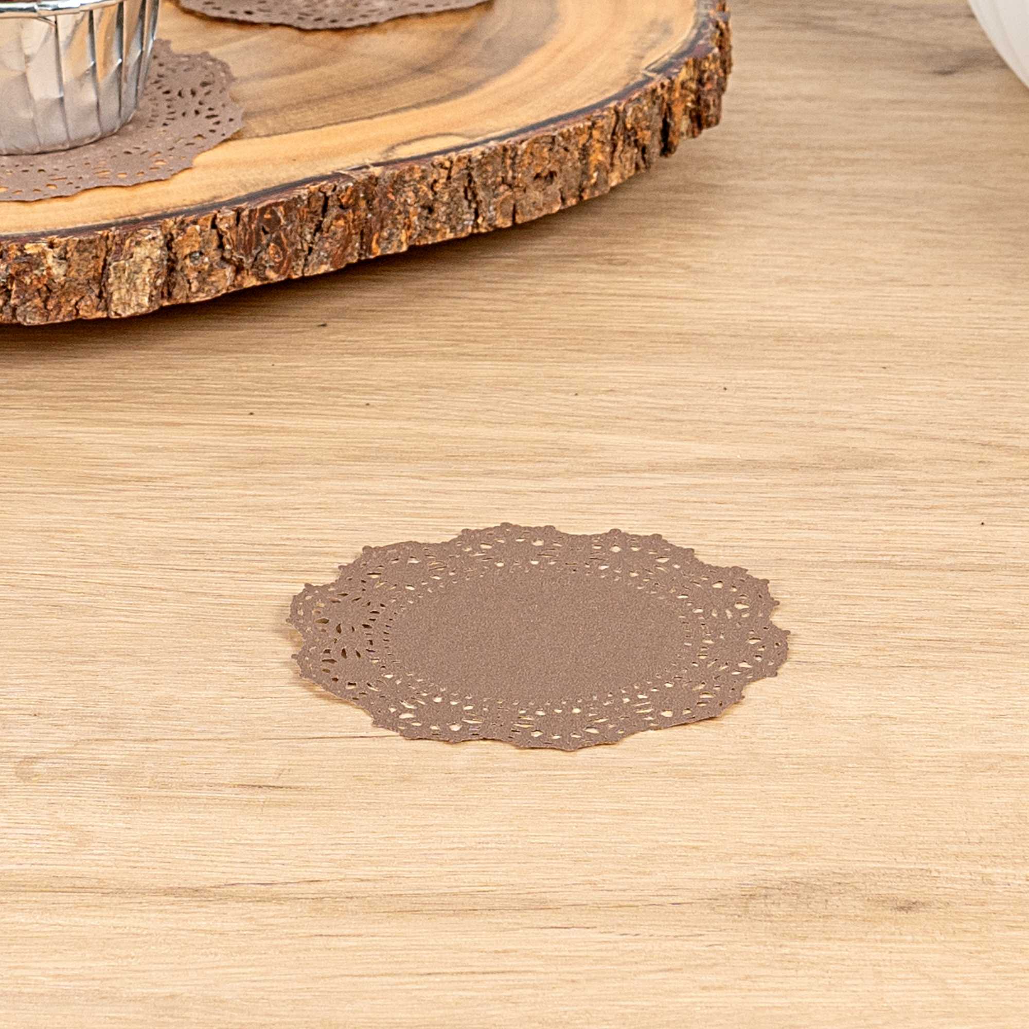 Pastry Tek Round Brown Paper Doilies - Lace - 4" x 4" - 100 count box