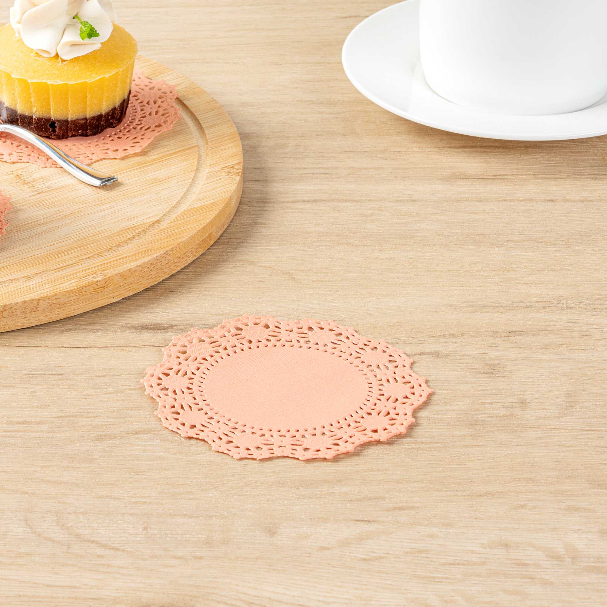 Pastry Tek Round Coral Paper Doilies - Lace - 4" x 4" - 4000 count box