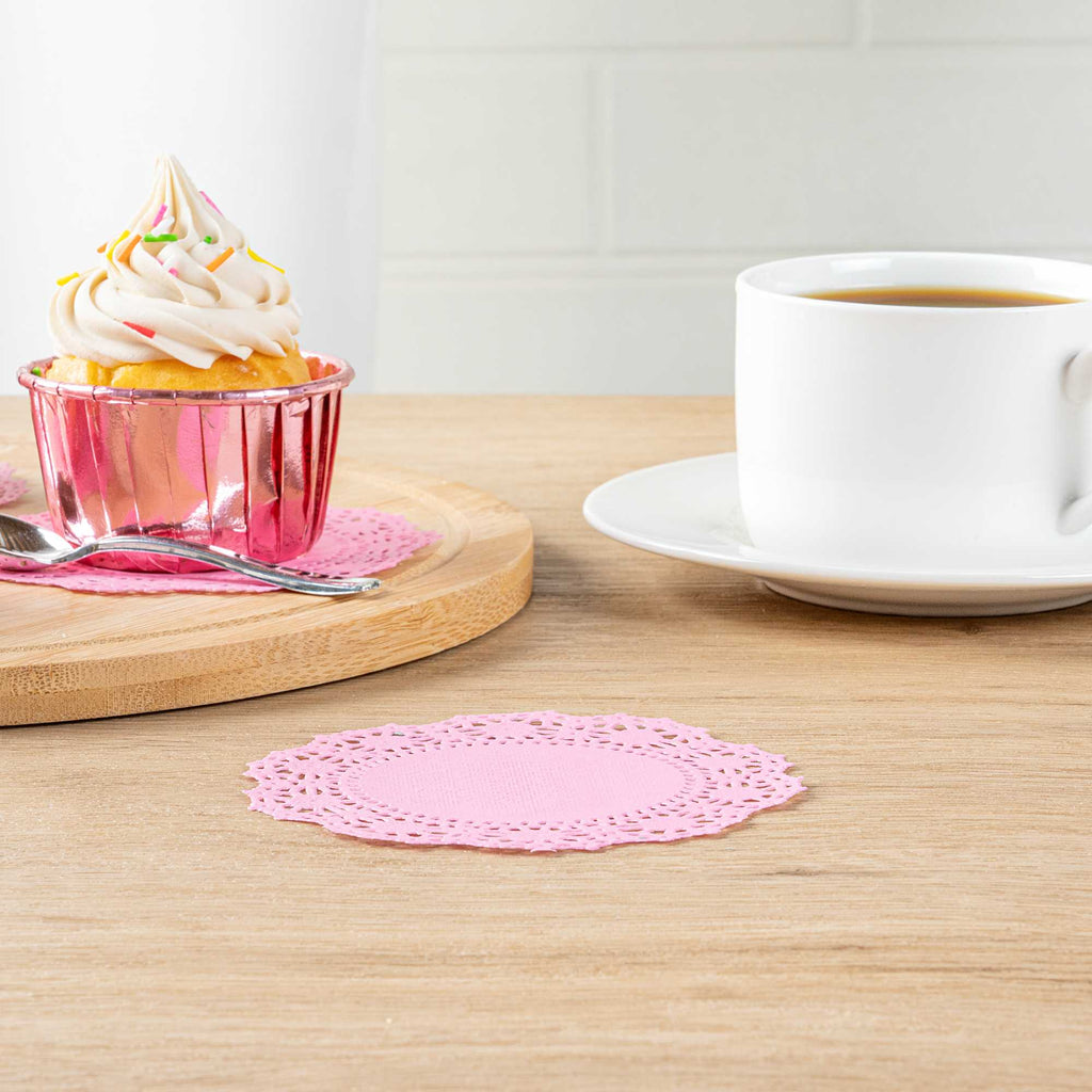 Pastry Tek Round Pink Paper Doilies - Lace - 4" x 4" - 4000 count box