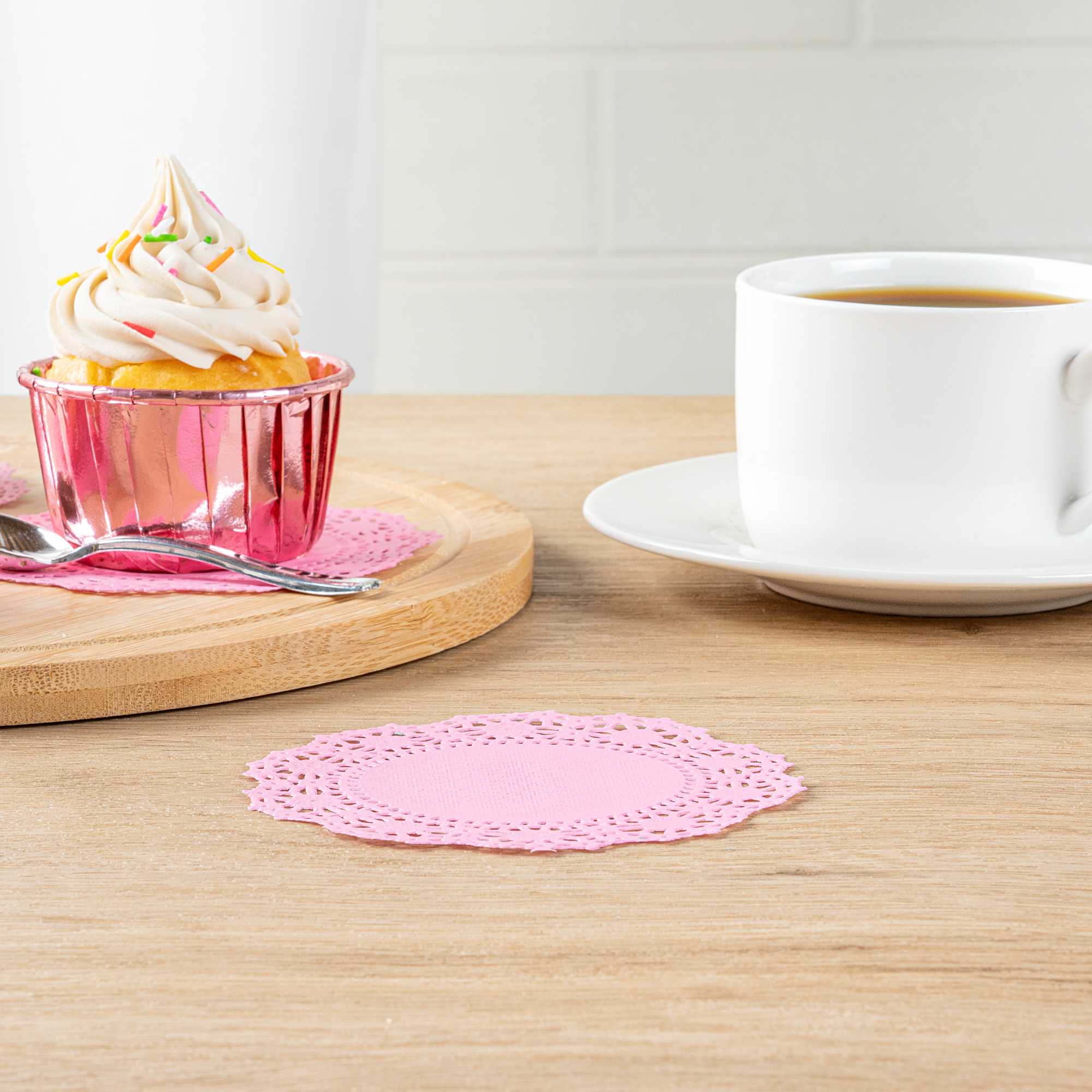 Pastry Tek Round Pink Paper Doilies - Lace - 4" x 4" - 4000 count box