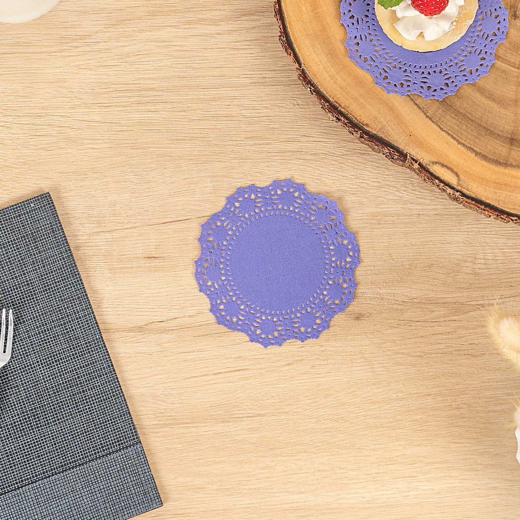 Pastry Tek Round Purple Paper Doilies - Lace - 4" x 4" - 100 count box