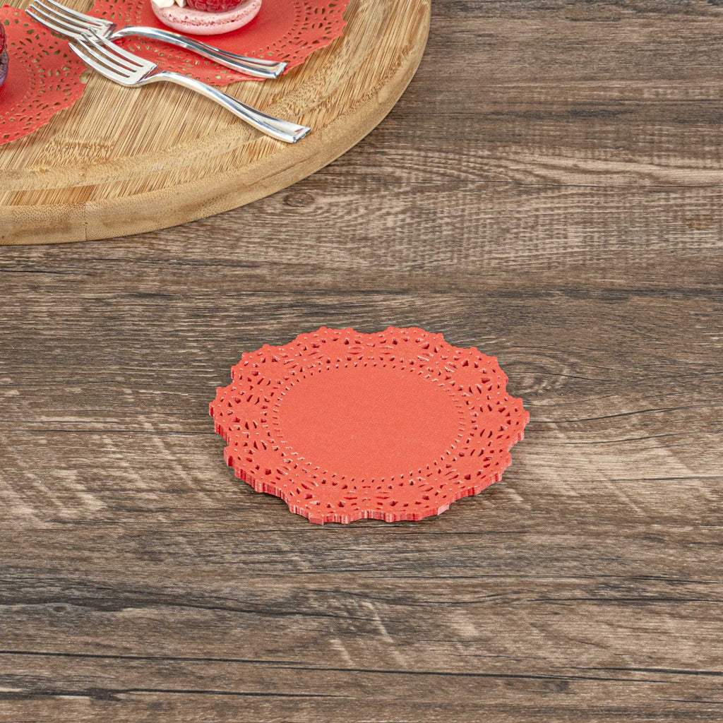 Pastry Tek Round Red Paper Doilies - Lace - 4" x 4" - 100 count box