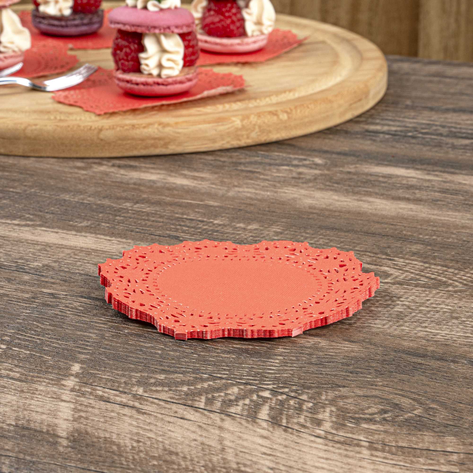 Pastry Tek Round Red Paper Doilies - Lace - 4" x 4" - 100 count box