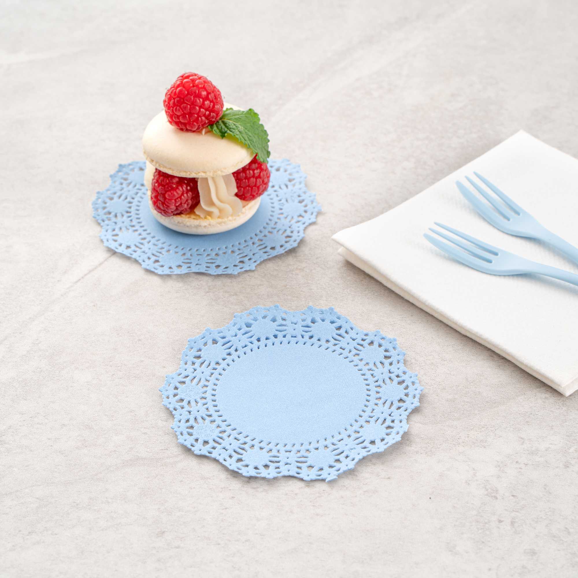 Pastry Tek Round Sky Blue Paper Doilies - Lace - 4" x 4" - 4000 count box
