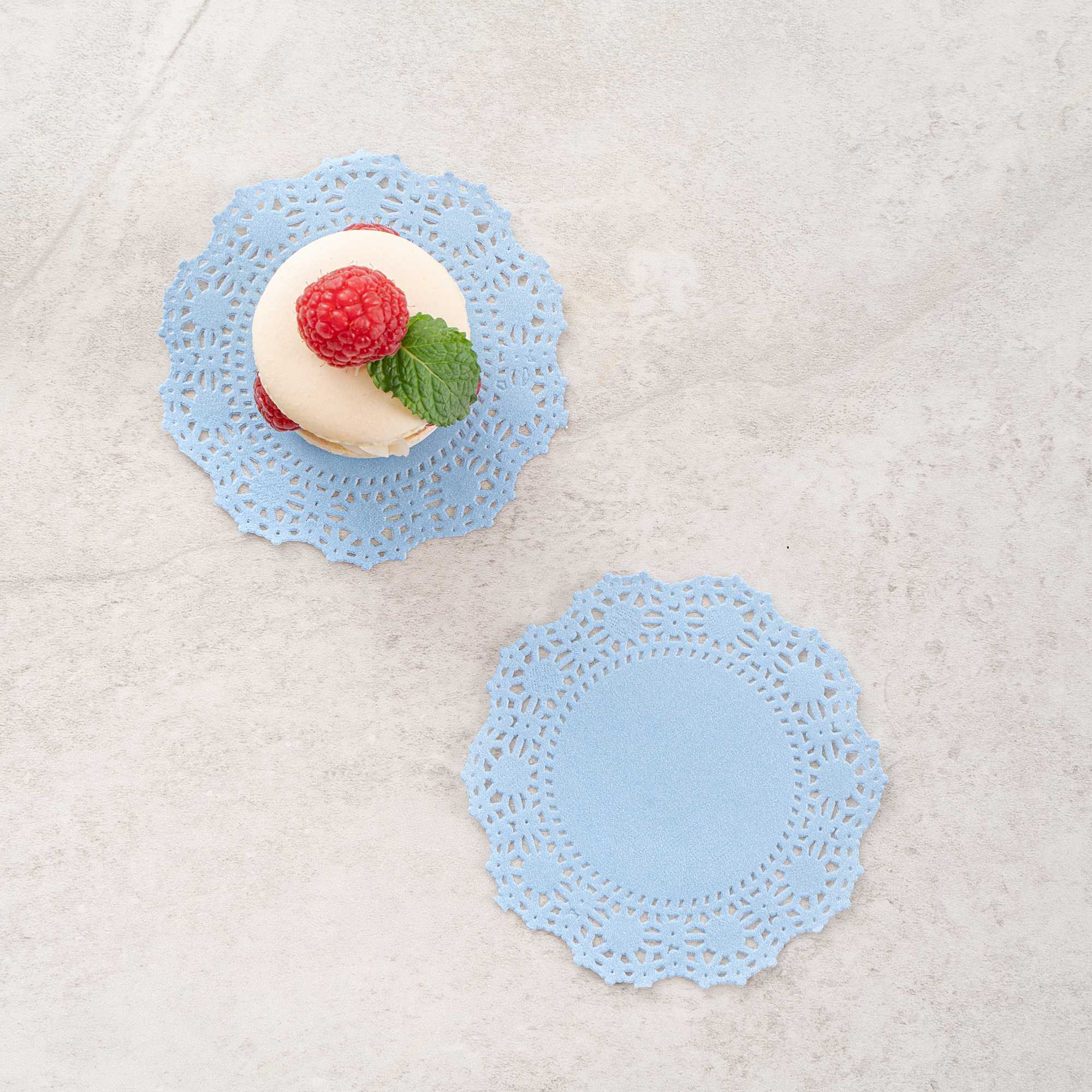 Pastry Tek Round Sky Blue Paper Doilies - Lace - 4" x 4" - 100 count box