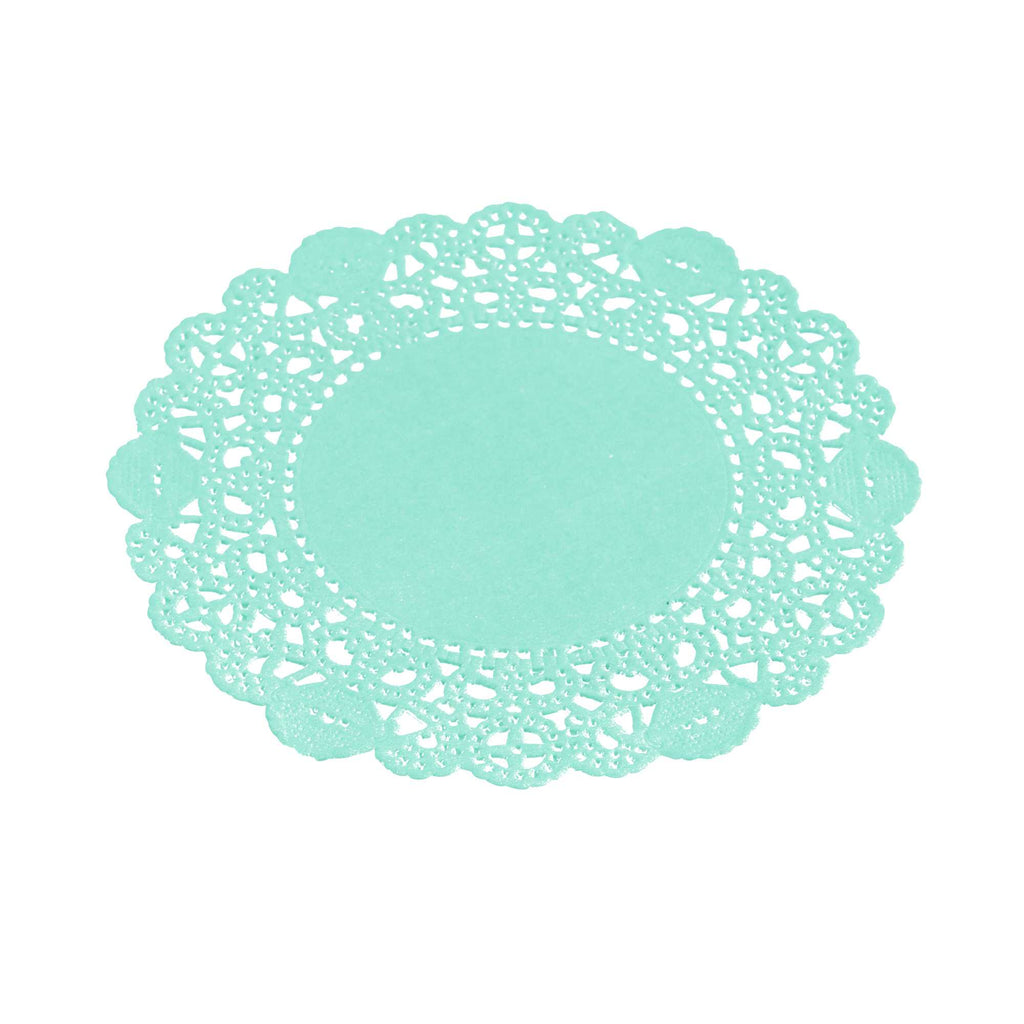 Pastry Tek Round Teal Paper Doilies - Lace - 4" x 4" - 100 count box