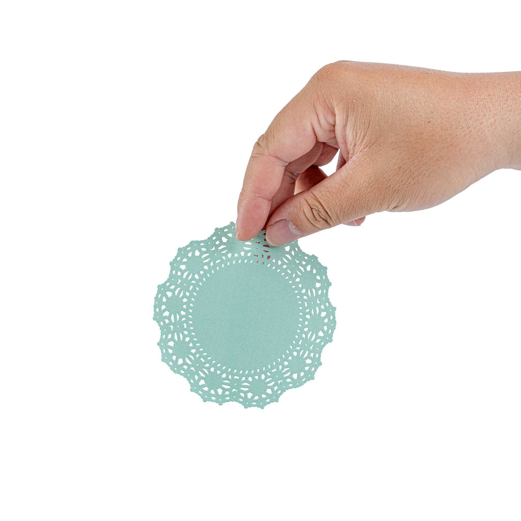 Pastry Tek Round Teal Paper Doilies - Lace - 4" x 4" - 4000 count box