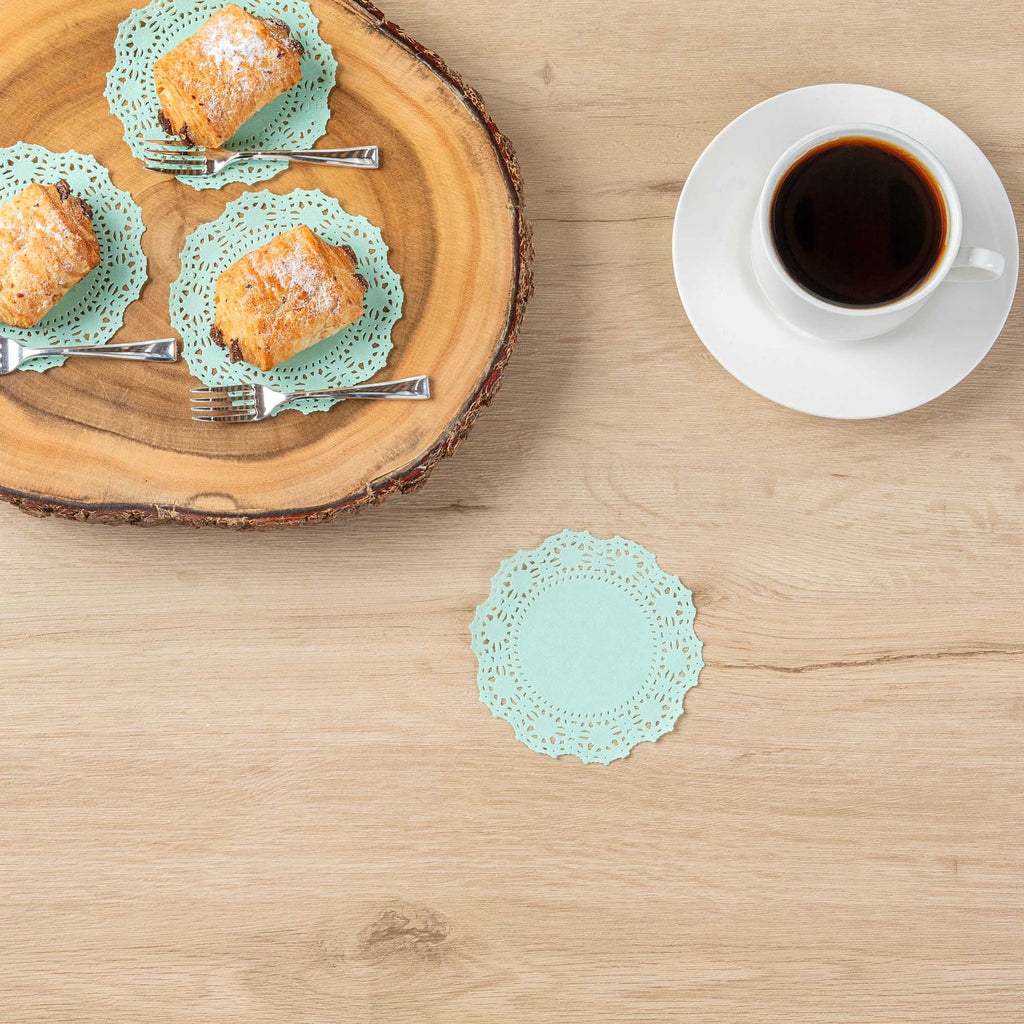 Pastry Tek Round Teal Paper Doilies - Lace - 4" x 4" - 4000 count box
