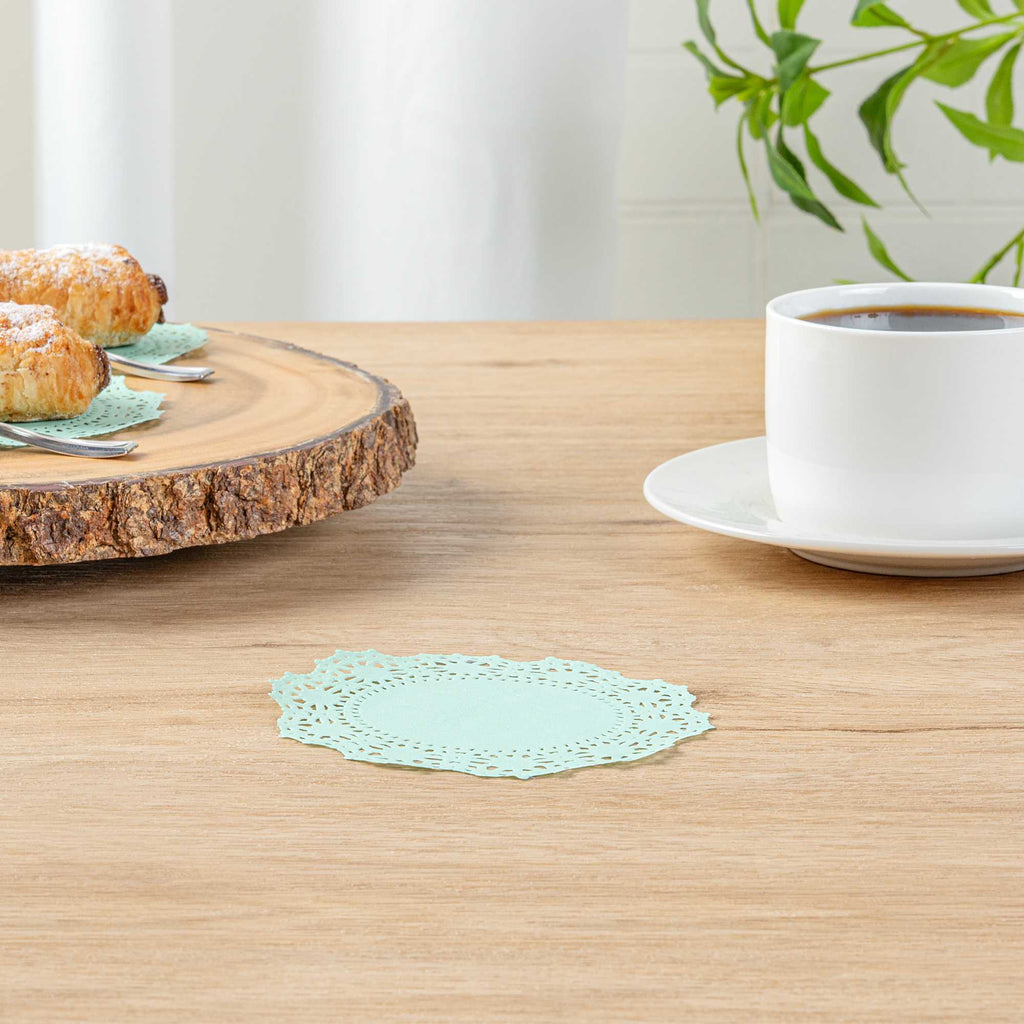 Pastry Tek Round Teal Paper Doilies - Lace - 4" x 4" - 4000 count box