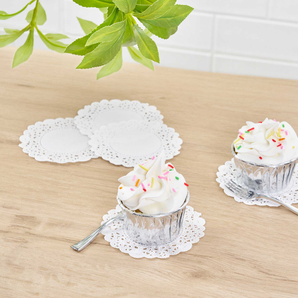 Pastry Tek Round White Paper Doilies - Lace - 4" x 4" - 100 count box