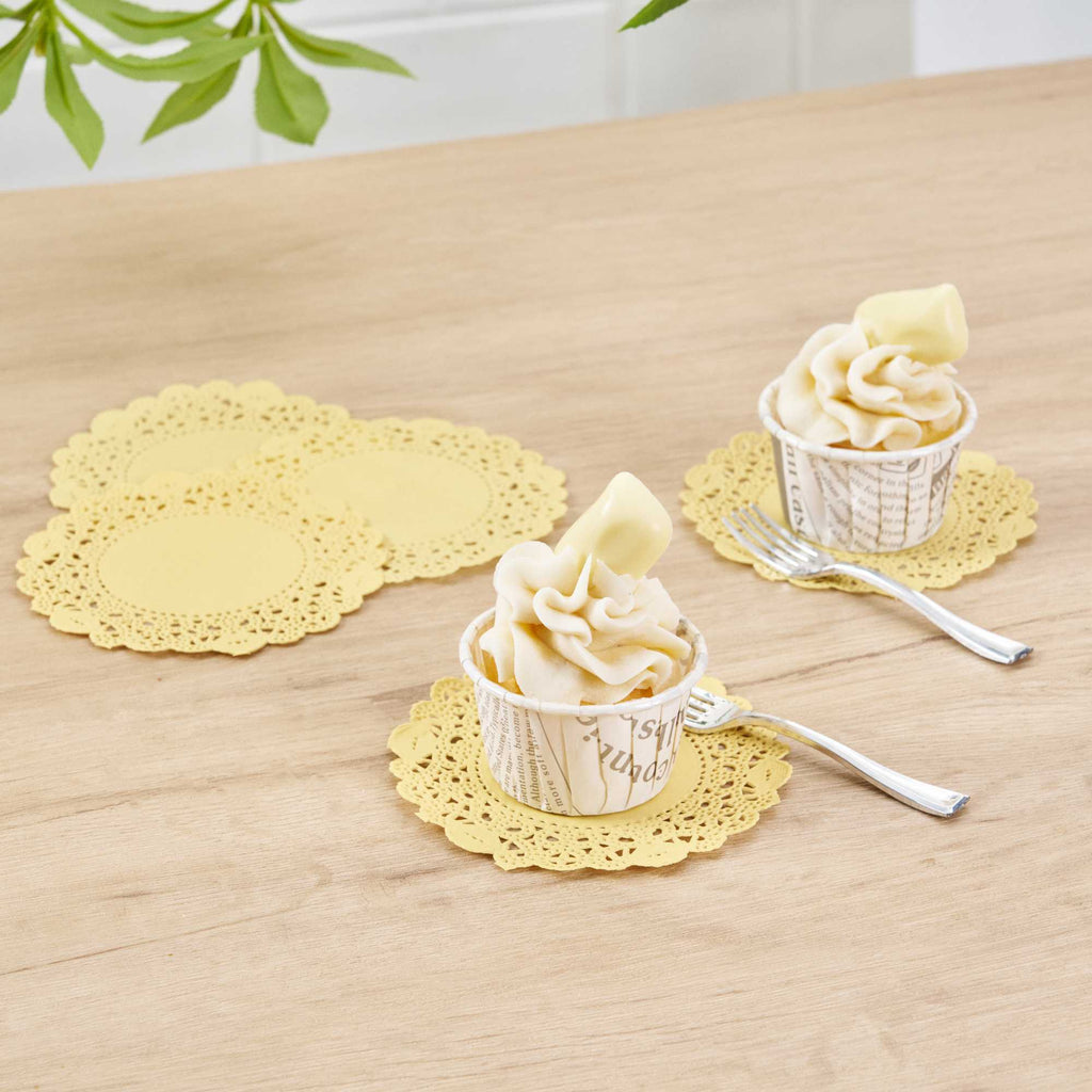 Pastry Tek Round Yellow Paper Doilies - Lace - 4" x 4" - 100 count box
