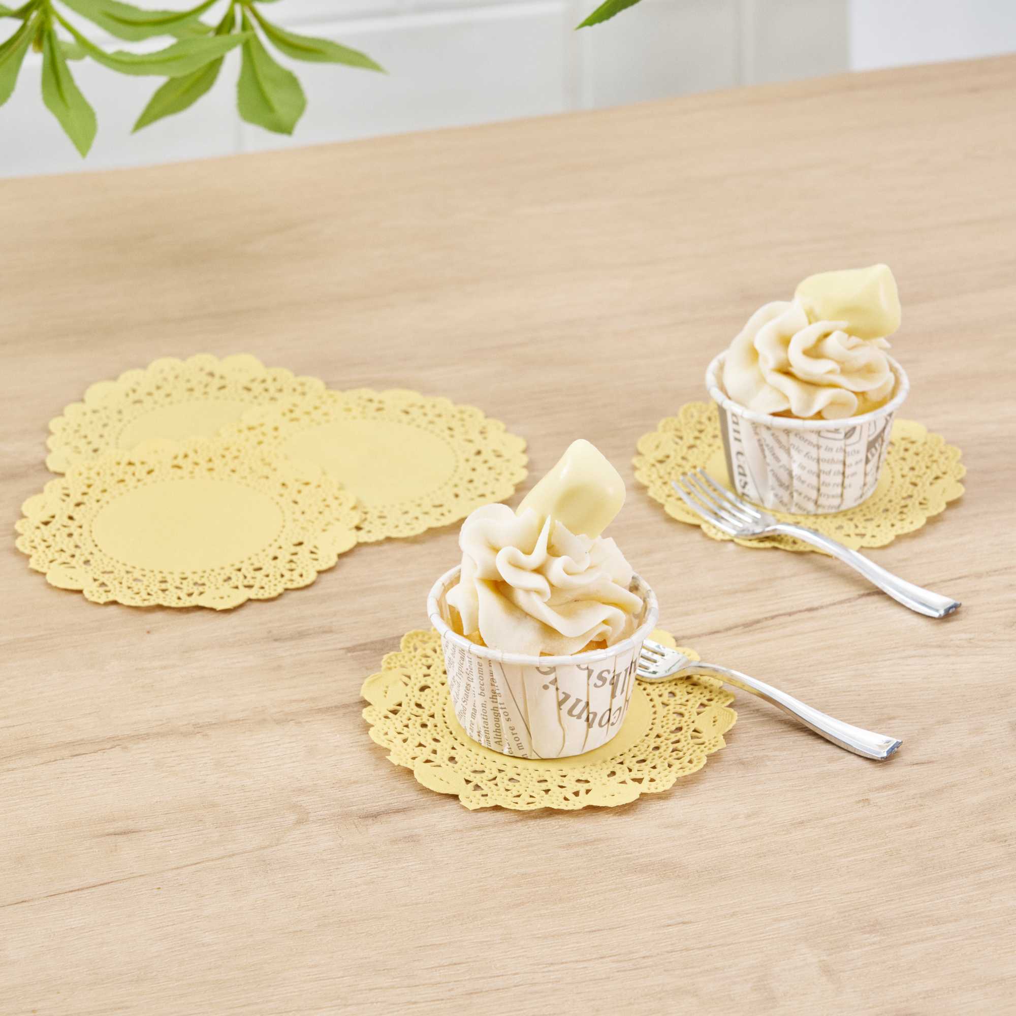 Pastry Tek Round Yellow Paper Doilies - Lace - 4" x 4" - 100 count box