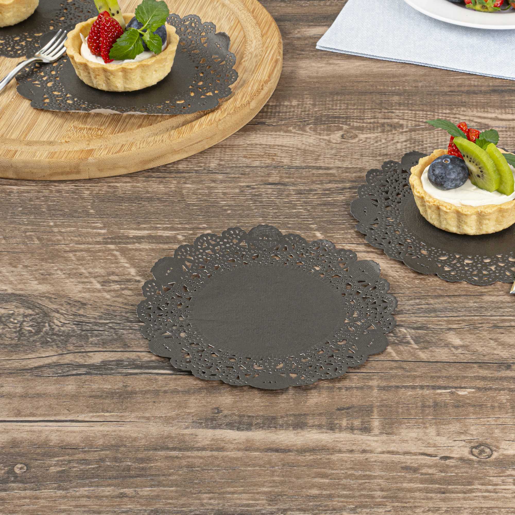 Pastry Tek Round Black Paper Doilies - Lace - 6" x 6" - 4000 count box