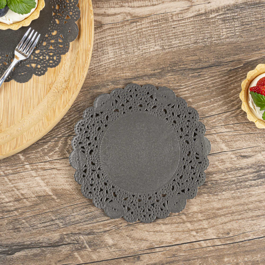 Pastry Tek Round Black Paper Doilies - Lace - 6" x 6" - 4000 count box