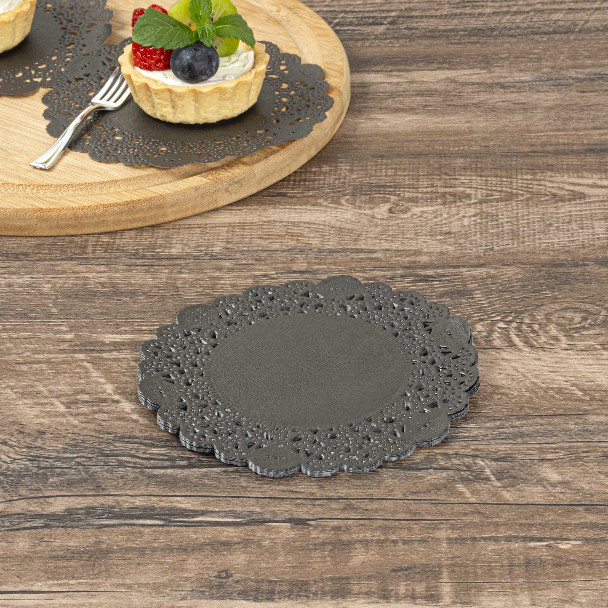 Pastry Tek Round Black Paper Doilies - Lace - 6" x 6" - 100 count box