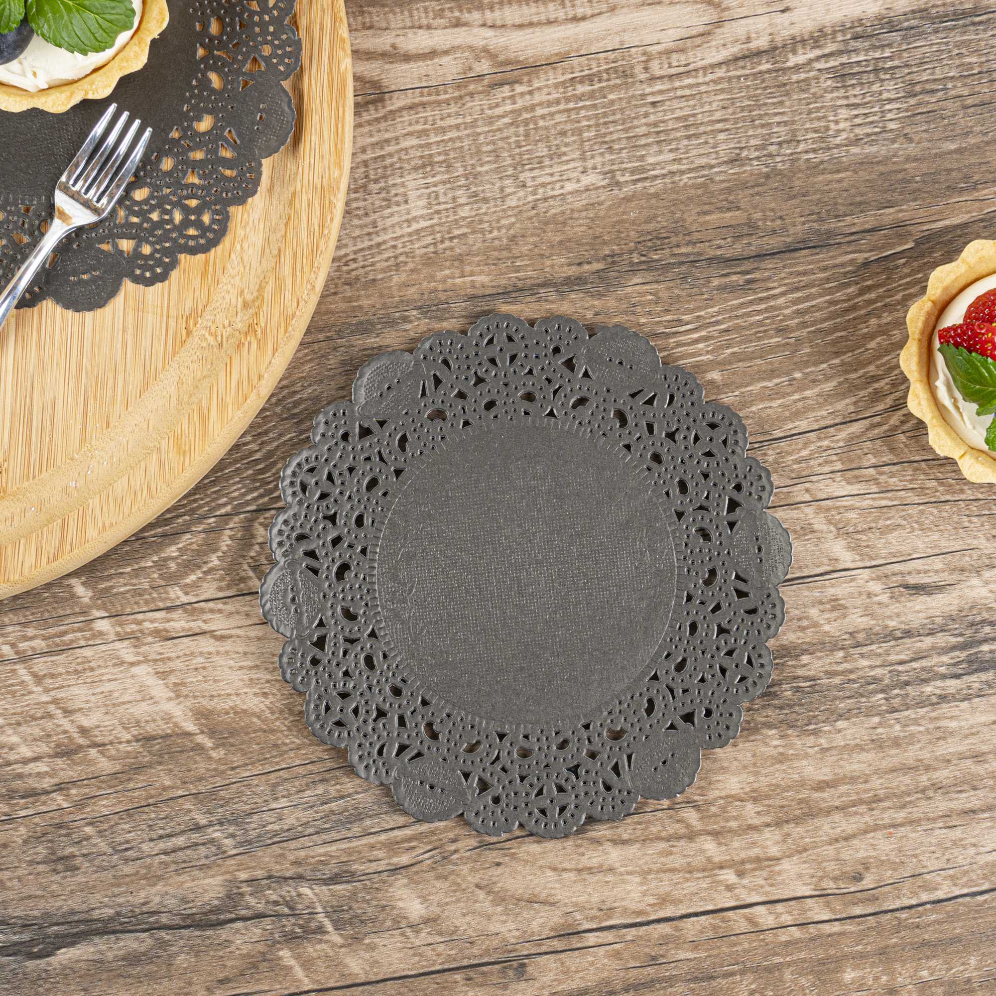 Pastry Tek Round Black Paper Doilies - Lace - 6" x 6" - 100 count box