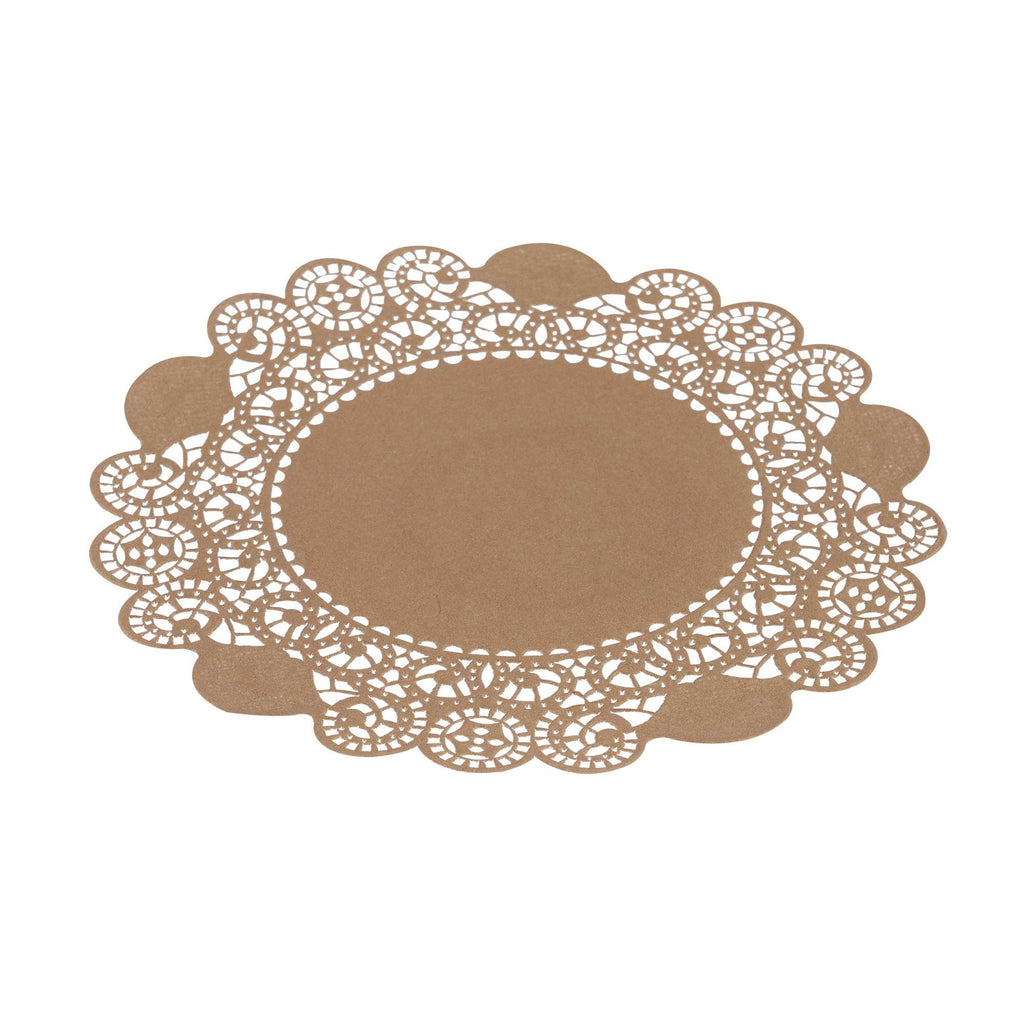 Pastry Tek Round Brown Paper Doilies - Lace - 6" x 6" - 100 count box