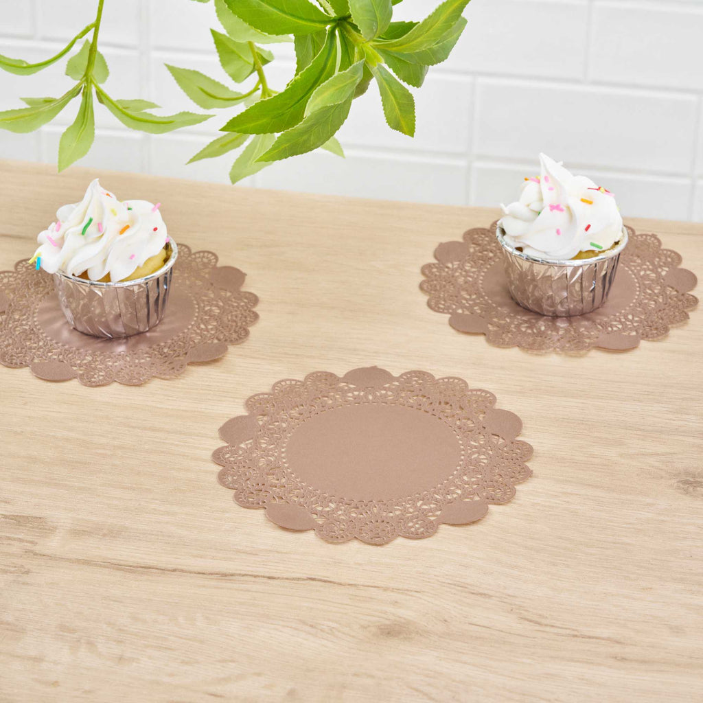 Pastry Tek Round Brown Paper Doilies - Lace - 6" x 6" - 100 count box
