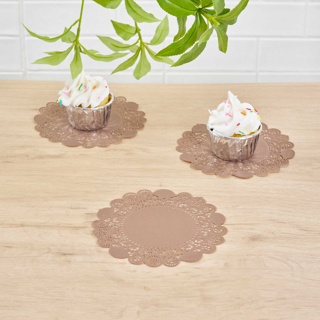 Pastry Tek Round Brown Paper Doilies - Lace - 6" x 6" - 100 count box
