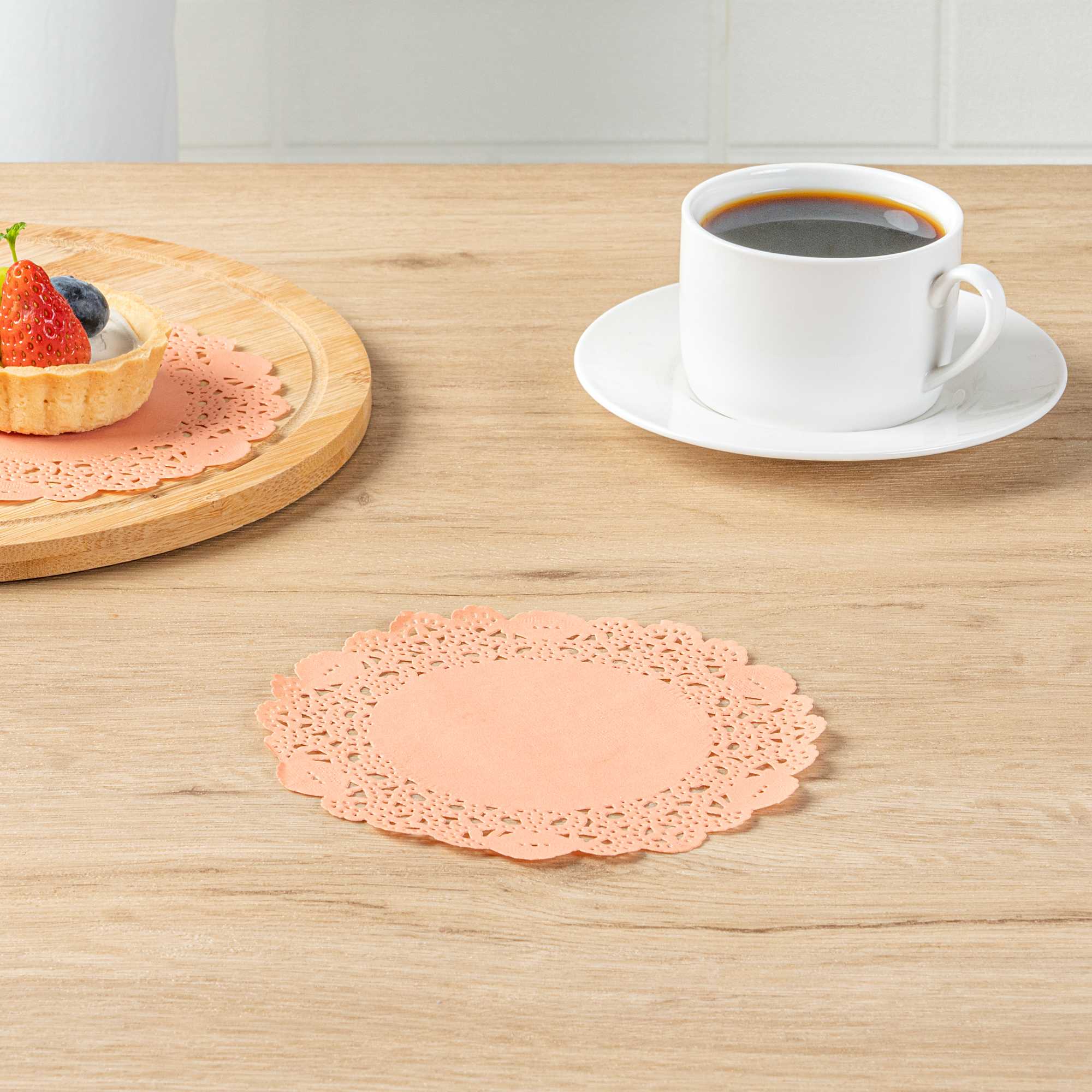 Pastry Tek Round Coral Paper Doilies - Lace - 6" x 6" - 4000 count box
