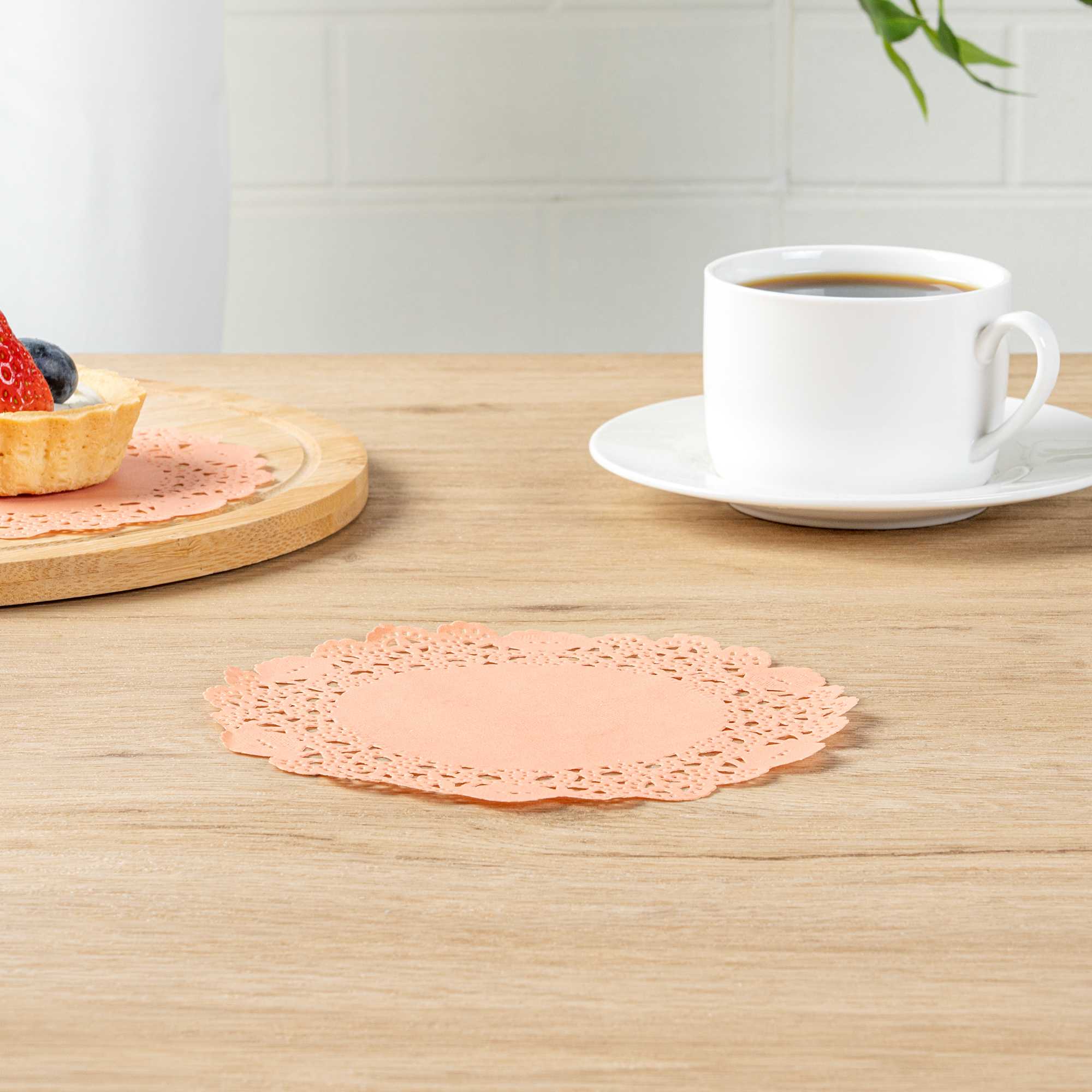 Pastry Tek Round Coral Paper Doilies - Lace - 6" x 6" - 4000 count box