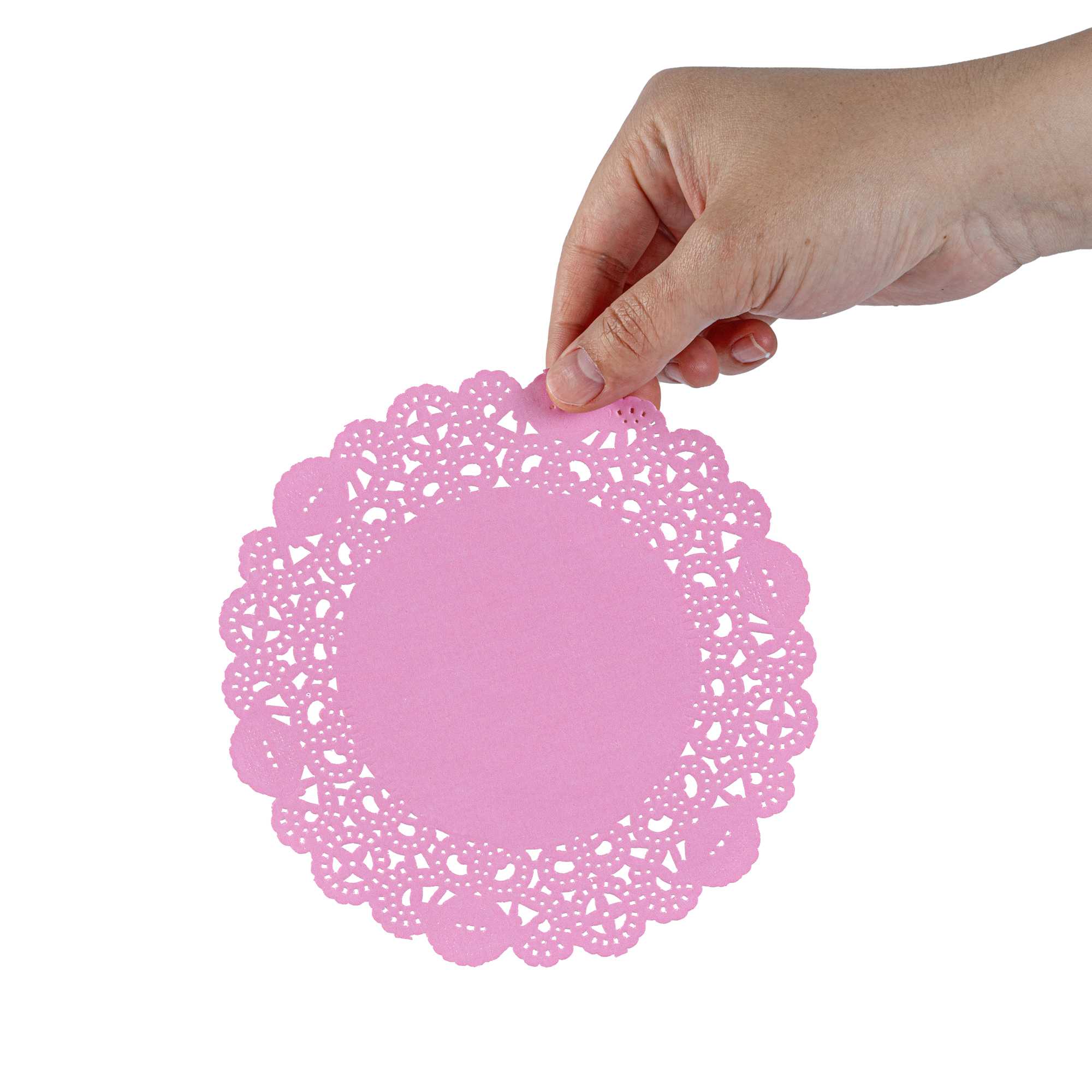 Pastry Tek Round Pink Paper Doilies - Lace - 6" x 6" - 4000 count box