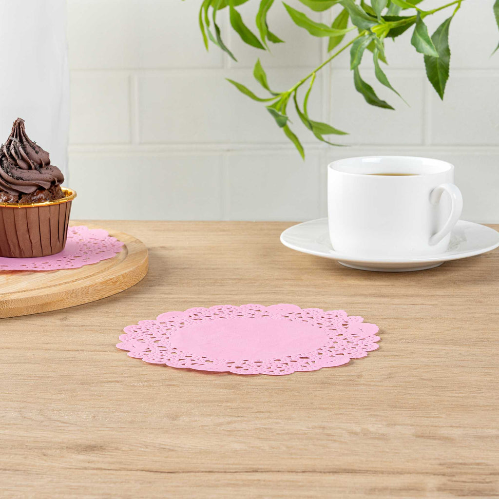 Pastry Tek Round Pink Paper Doilies - Lace - 6" x 6" - 4000 count box