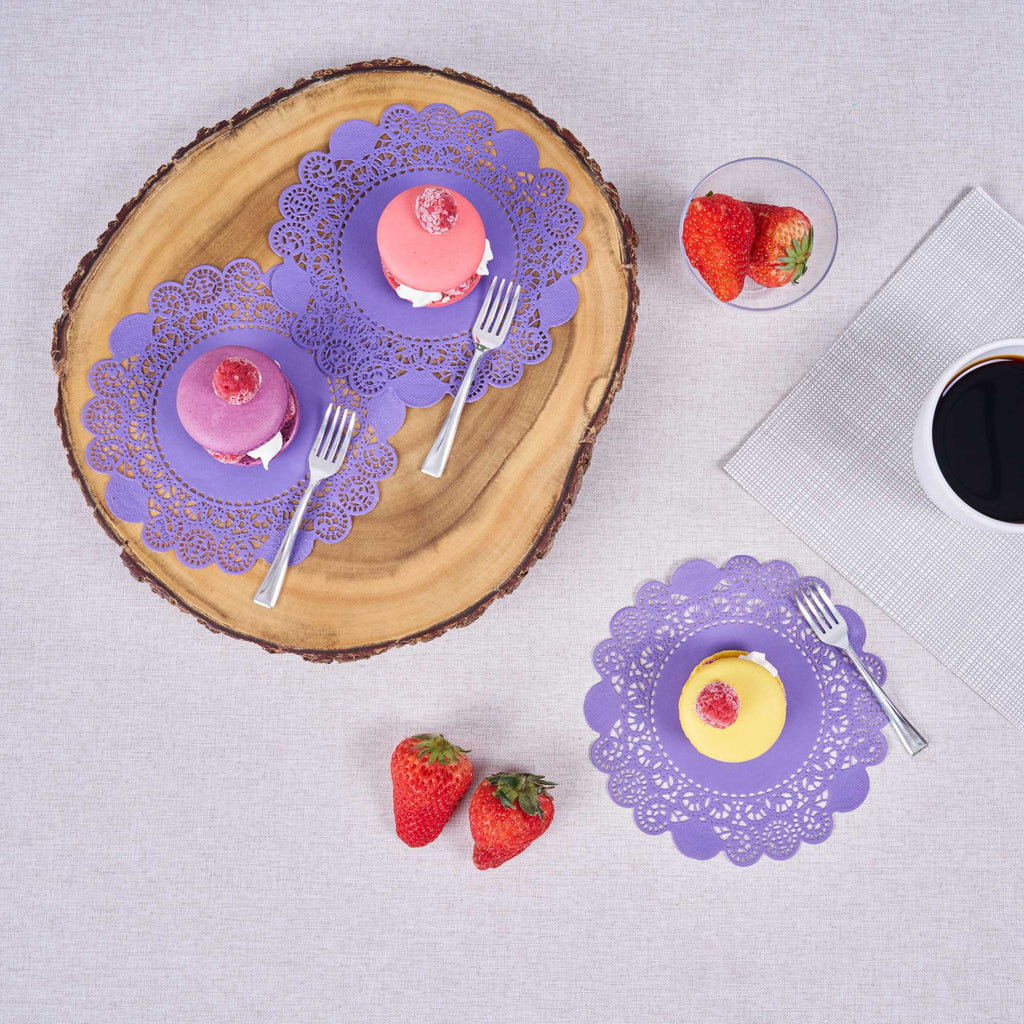 Pastry Tek Round Purple Paper Doilies - Lace - 6" x 6" - 100 count box