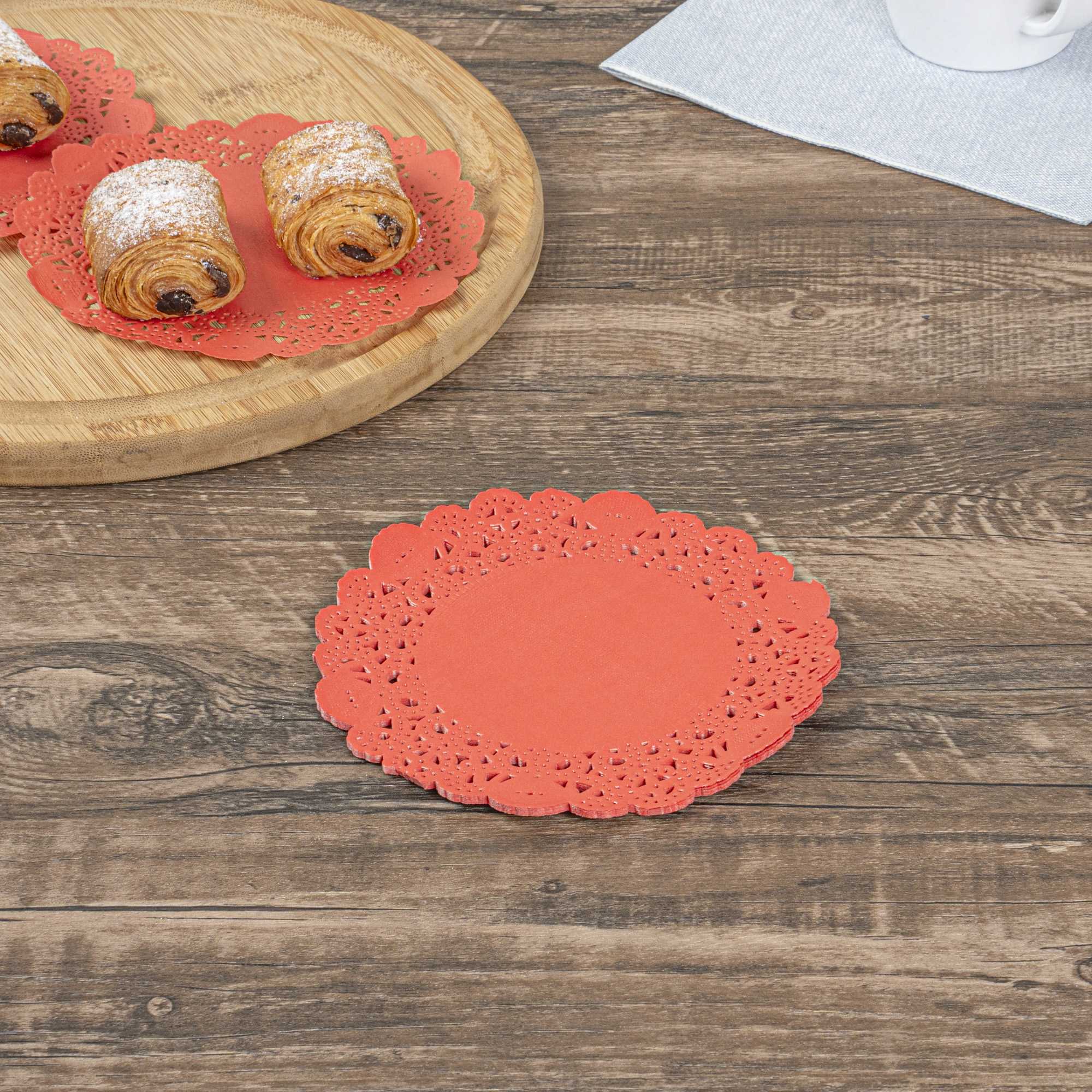 Pastry Tek Round Red Paper Doilies - Lace - 6" x 6" - 4000 count box