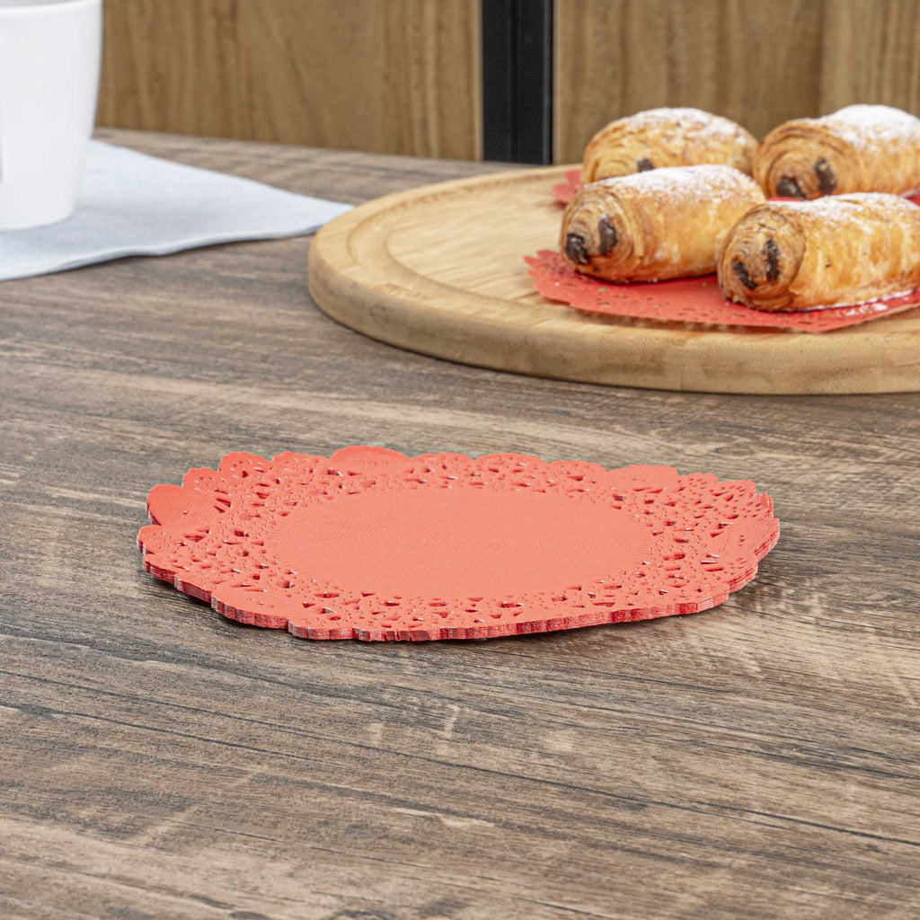 Pastry Tek Round Red Paper Doilies - Lace - 6" x 6" - 4000 count box