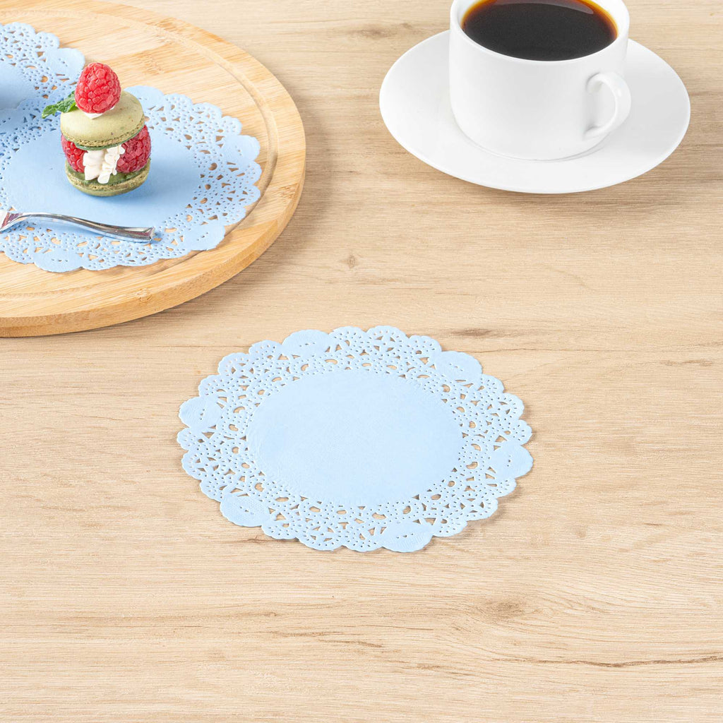 Pastry Tek Round Sky Blue Paper Doilies - Lace - 6" x 6" - 4000 count box