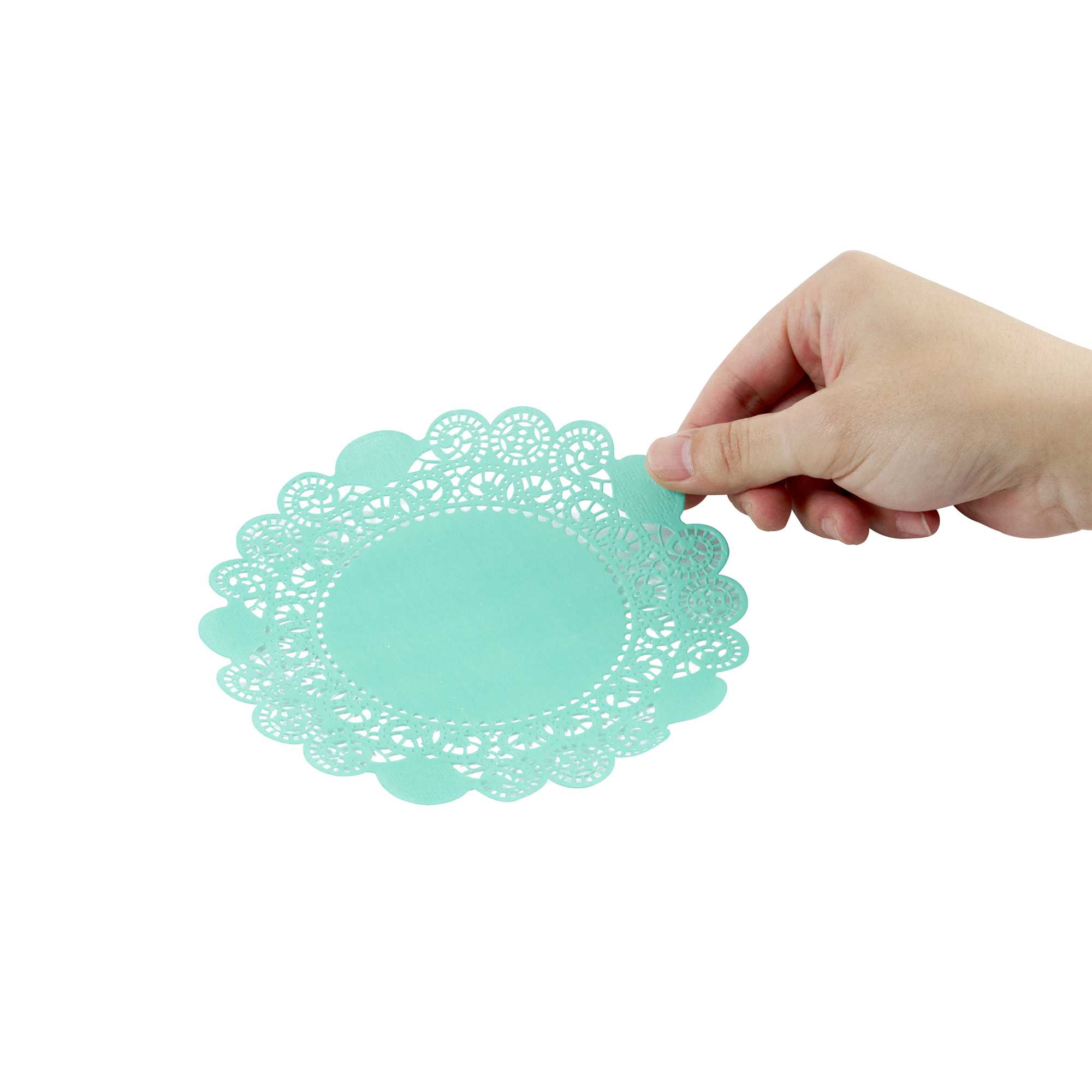 Pastry Tek Round Teal Paper Doilies - Lace - 6" x 6" - 100 count box