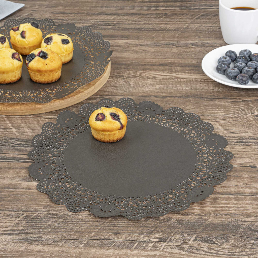 Pastry Tek Round Black Paper Doilies - Lace - 12" x 12" - 100 count box